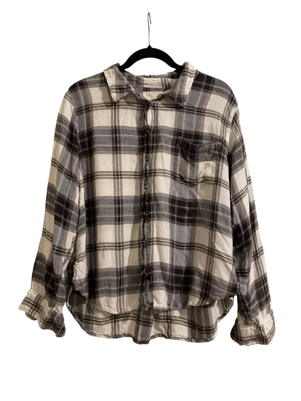 Lucky Brand Plaid Button Down Flannel Shirt Black & Cream Size Medium